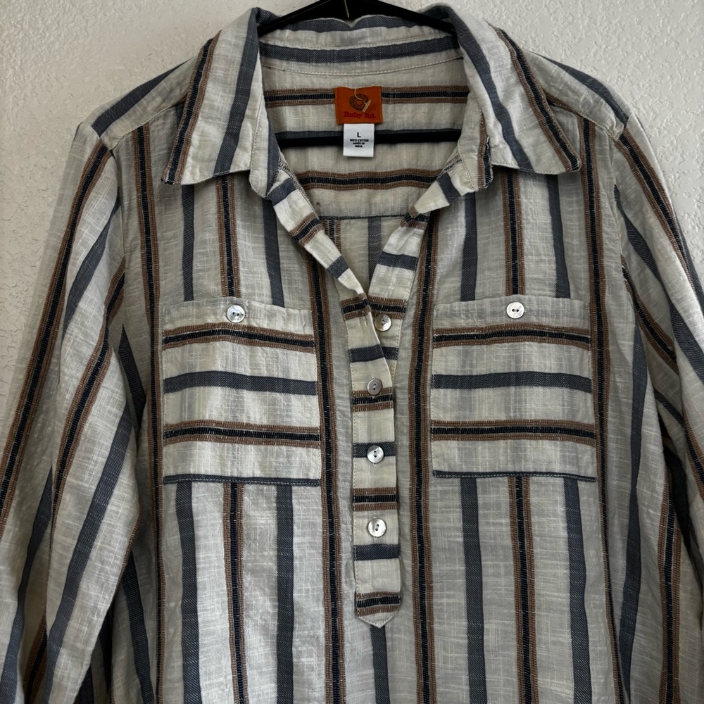 Ruby Rd. Beige, Cream and Gray Striped Blouse with Buttons - Picture 4 of 6